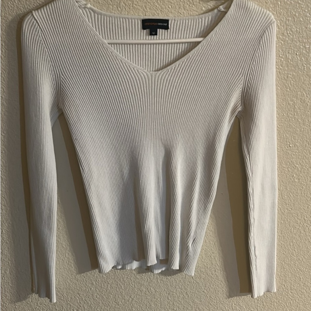 Ambiance White Ribbed V-Neck Blouse